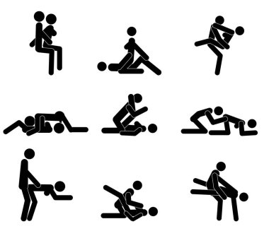 Karikatür Farklı Sex Pozlar veya Pozisyon Çift Set Konsept Passion Erotik Düz Tasarım Stil.