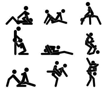 Karikatür Farklı Sex Pozlar veya Pozisyon Çift Set Konsept Passion Erotik Düz Tasarım Stil.