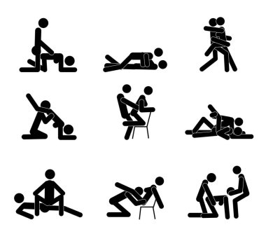 Karikatür Farklı Sex Pozlar veya Pozisyon Çift Set Konsept Passion Erotik Düz Tasarım Stil.