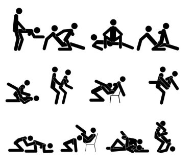 Karikatür Farklı Sex Pozlar veya Pozisyon Çift Set Konsept Passion Erotik Düz Tasarım Stil.