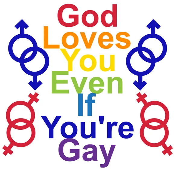 HBT-konceptet, motiverande fras i färgerna i regnbågen. Gud älskar dig även om du är gay — Stock vektor