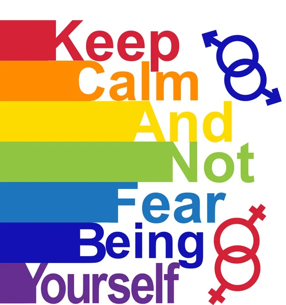 LGBT concept, motivating phrase in the colors of the rainbow. Keep calm and don't be fear to be yourself — Stock Vector