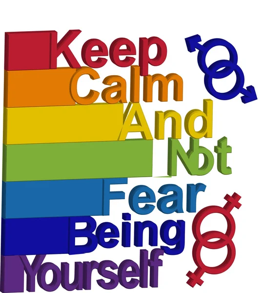 LGBT concept, motivating phrase in the colors of the rainbow. Keep calm and don't be fear to be yourself — Stock Vector