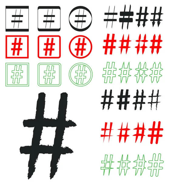 Hashtag-Zeichen. Zahlenzeichen, Hash oder Pfund-Zeichen. Sammlung von 33 Symbolen auf weißem Hintergrund — Stockvektor