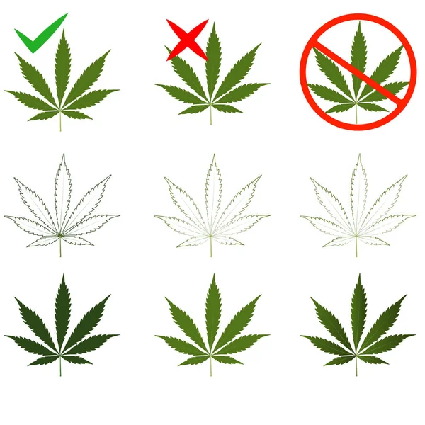 Conjunto de hojas de marihuana, cannabis. Prohibido o permitido para uso médico y personal . — Vector de stock