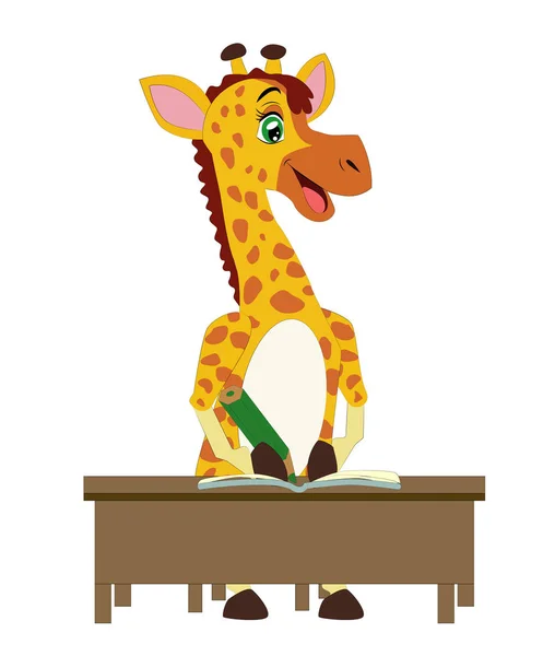 Una giraffa e un ippopotamo siedono ad una scrivania a leggere e scrivere in un quaderno — Vettoriale Stock