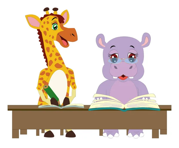 Una giraffa e un ippopotamo siedono ad una scrivania a leggere e scrivere in un quaderno — Vettoriale Stock