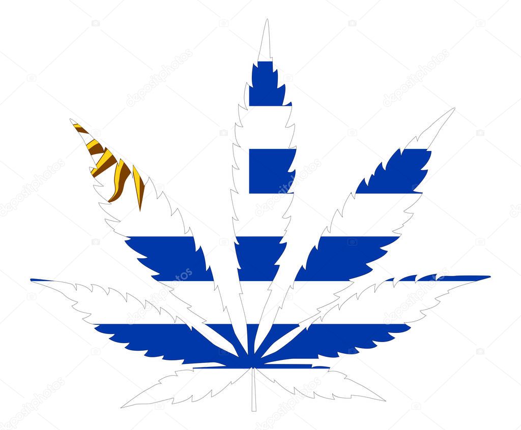 Cannabis leaf flag. The concept of legalization of marijuana, cannabis in Uruguay