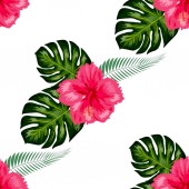 Картина, постер, плакат, фотообои "seamless pattern with tropical leaves and hibiscus flowers.", артикул 275114618