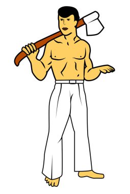 balta düz illüstrasyon ile adam. İlkel antik erkek çizgi film karakteri. avcılık ile adam, çalışma aracı izole tasarım elemanı.