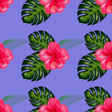 Tropikal egzotik çiçekler ebegümeci, frangipani (plumeria) ve palmiye, muz kompozisyon bırakır. sorunsuz desen