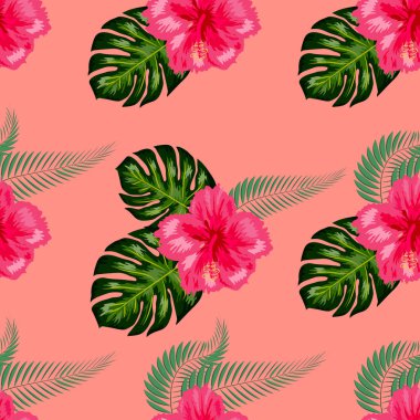 Tropikal egzotik çiçekler ebegümeci, frangipani plumeria ve palmiye, muz kompozisyon bırakır. sorunsuz desen