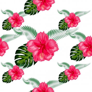 Tropikal ebegümeci çiçekler ve palmiye yaprakları buketleri dikişsiz desen