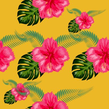 Dikişsiz desen yaprakları monstera, çiçekler, tropikal palmiye ağacının yaprakları.