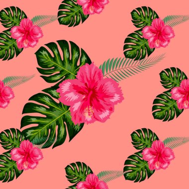 Dikişsiz desen yaprakları monstera, çiçekler, tropikal palmiye ağacının yaprakları.