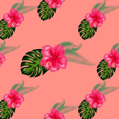 Tropikal yaprak ve hibiscus çiçek ile Seamless Modeli.
