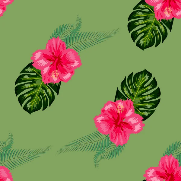 Flores de hibisco tropical y ramos de hojas de palma patrón sin costuras — Vector de stock