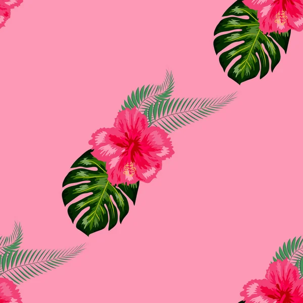 Tropical vintage hibiscus plumeria feuilles florales vertes motif sans couture fond blanc. Papier peint exotique — Image vectorielle
