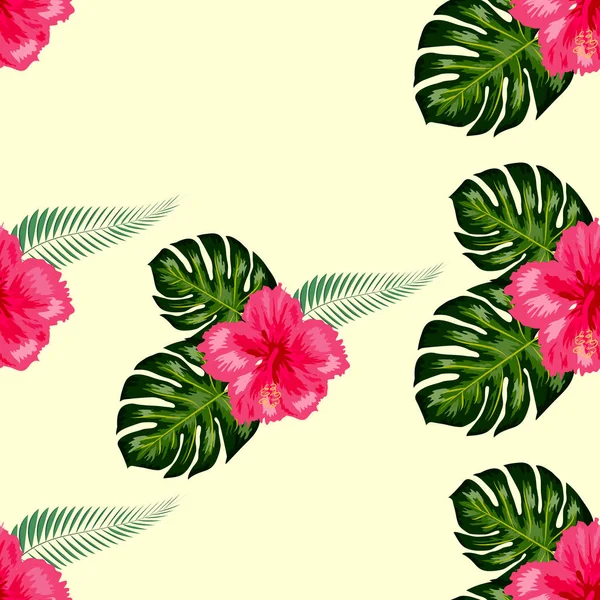 Seamless pattern with tropical leaves and hibiscus flowers. — Stock Vector