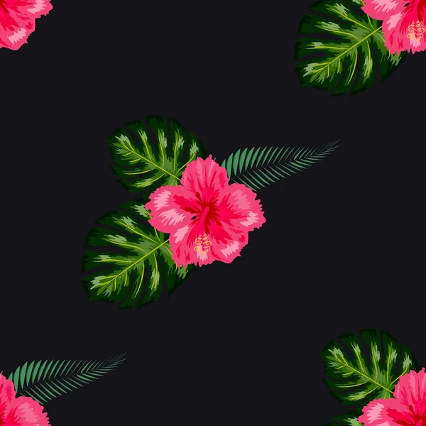 Tropical vintage hibisco plumeria hojas verdes florales sin costura patrón fondo blanco. Fondo de pantalla exótico — Archivo Imágenes Vectoriales