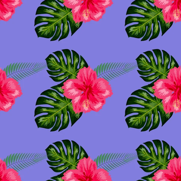 Tropische exotische Blumen Hibiskus, Frangipani (Gefieder) und Palme, Bananenblätter Zusammensetzung. nahtloses Muster — Stockvektor