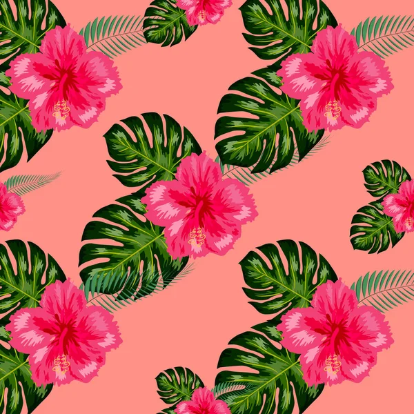 Flores de hibisco tropical y ramos de hojas de palma patrón sin costuras — Vector de stock