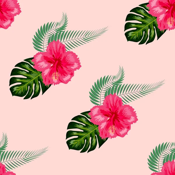 Tropical vintage hibisco plumeria hojas verdes florales sin costura patrón fondo blanco. Fondo de pantalla exótico — Vector de stock