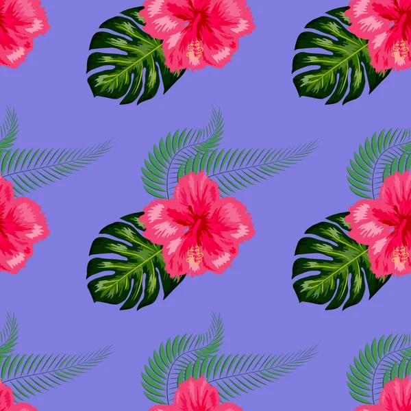 Tropische Hibiskusblüten und Palmblätter Sträuße nahtlose Muster — Stockvektor