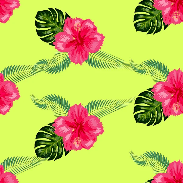 Flores de hibisco tropical y ramos de hojas de palma patrón sin costuras — Vector de stock