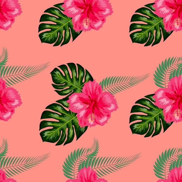 Flores tropicales exóticas hibisco, frangipani plumeria y palmera, composición de hojas de plátano. patrón sin costura — Vector de stock