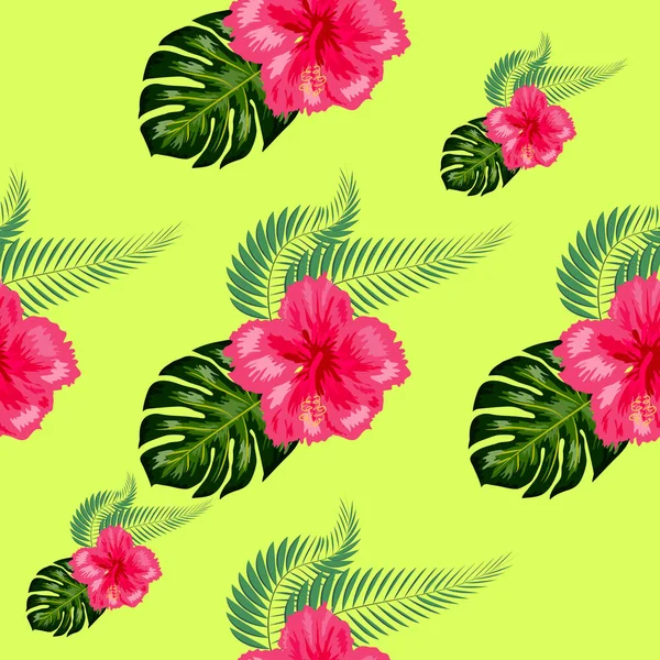 Tropical vintage hibiscus plumeria feuilles florales vertes motif sans couture fond blanc. Papier peint exotique — Image vectorielle