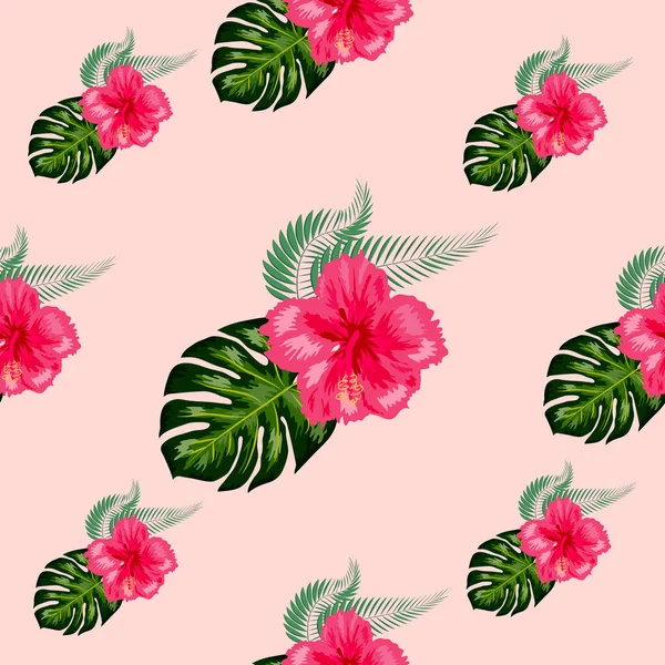 Tropische exotische bloemen Hibiscus, Frangipani Plumeria en Palm, banaan verlaat samenstelling. naadloos patroon — Stockvector