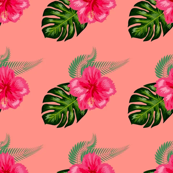 Tropical vintage hibisco plumeria hojas verdes florales sin costura patrón fondo blanco. Fondo de pantalla exótico — Vector de stock