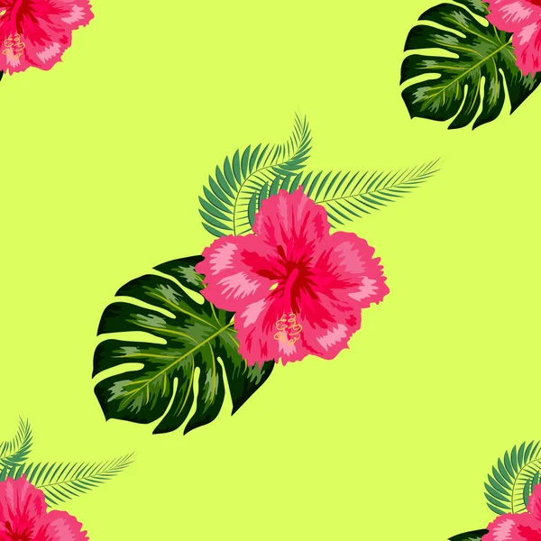 Tropical vintage hibisco plumeria hojas verdes florales sin costura patrón fondo blanco. Fondo de pantalla exótico — Vector de stock