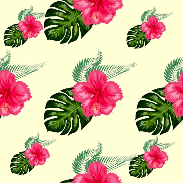 Tropische Hibiskusblüten und Palmblätter Sträuße nahtlose Muster — Stockvektor