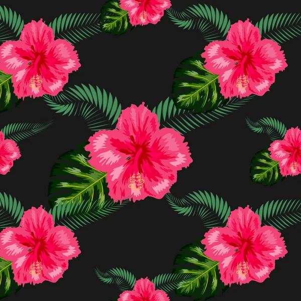 Modèle sans couture avec feuilles tropicales et fleurs d'hibiscus . — Image vectorielle