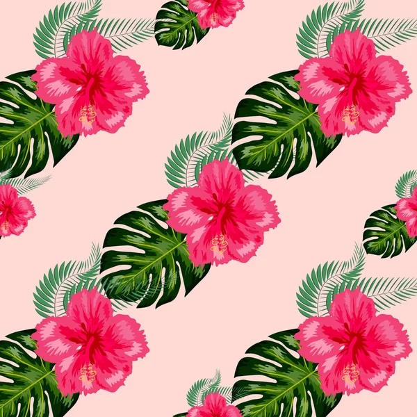 Flores tropicales exóticas hibisco, frangipani plumeria y palmera, composición de hojas de plátano. patrón sin costura — Vector de stock