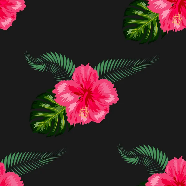 Patrón sin costuras con hojas tropicales y flores de hibisco . — Vector de stock
