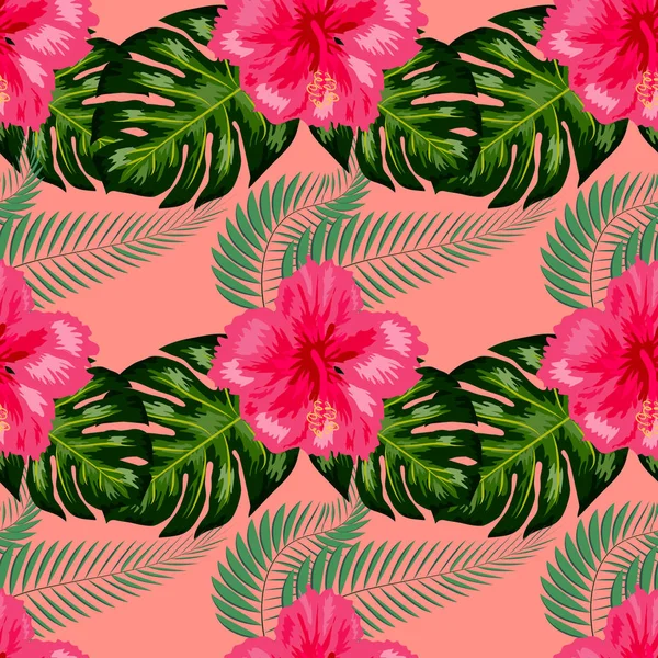 Tropische Vintage Hibiscus Plumeria Floral groene verlaat naadloze patroon witte achtergrond. Exotische behang — Stockvector