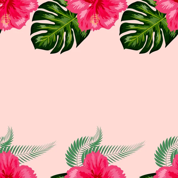 Tropische exotische Blumen Hibiskus, Frangipani plumeria und Palme, Bananenblätter Zusammensetzung. nahtloses Muster — Stockvektor