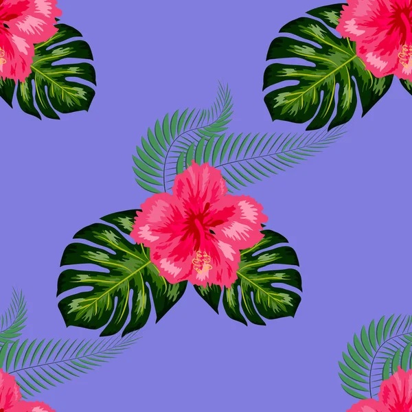 Modèle sans couture de feuilles monstera, fleurs, feuilles tropicales de palmier . — Image vectorielle