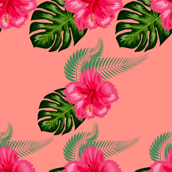 Tropikal ebegümeci çiçekler ve palmiye yaprakları buketleri dikişsiz desen — Stok Vektör