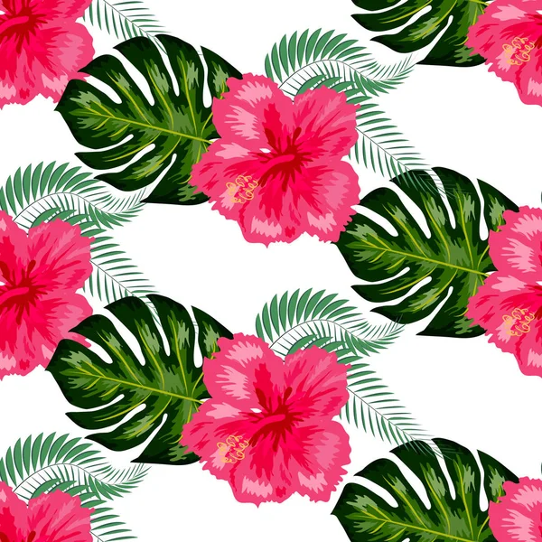 Tropikalny Vintage hibiskus Plumeria kwiatowy zielony pozostawia bezszwowe wzór białe tło. Egzotyczne Tapety — Wektor stockowy
