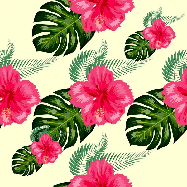 Tropical vintage hibisco plumeria hojas verdes florales sin costura patrón fondo blanco. Fondo de pantalla exótico — Vector de stock