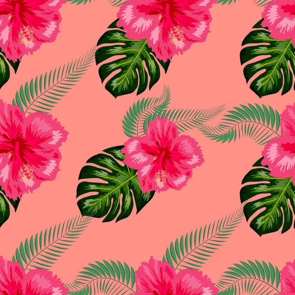 Patrón sin costuras con hojas tropicales y flores de hibisco . — Vector de stock