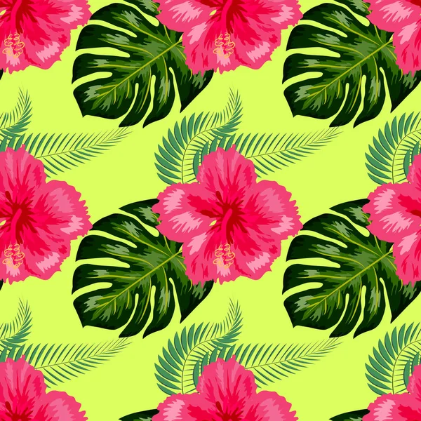 Tropical vintage hibisco plumeria hojas verdes florales sin costura patrón fondo blanco. Fondo de pantalla exótico — Vector de stock