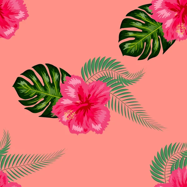 Patrón sin costuras con hojas tropicales y flores de hibisco . — Vector de stock