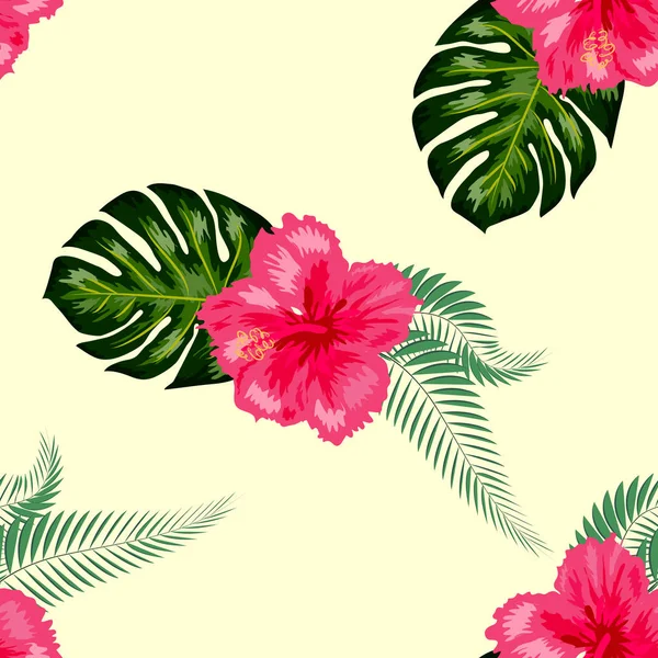 Fleurs exotiques tropicales hibiscus, frangipani plumeria et palmier, composition des feuilles de banane. modèle sans couture — Image vectorielle