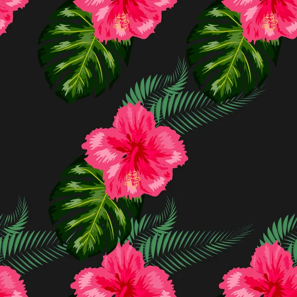 Tropikalne egzotyczne kwiaty hibiskus, Plumeria Frangipani i dłoni, banana liści składu. Bezszwowy wzór — Wektor stockowy