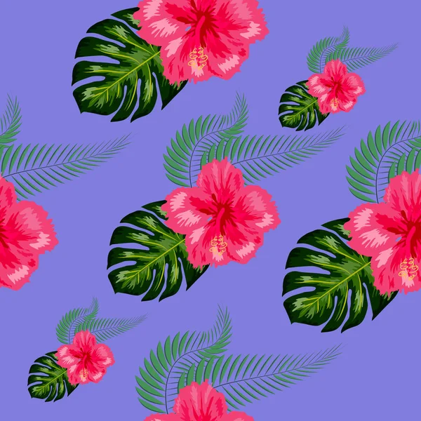 Flores de hibisco tropical y ramos de hojas de palma patrón sin costuras — Vector de stock